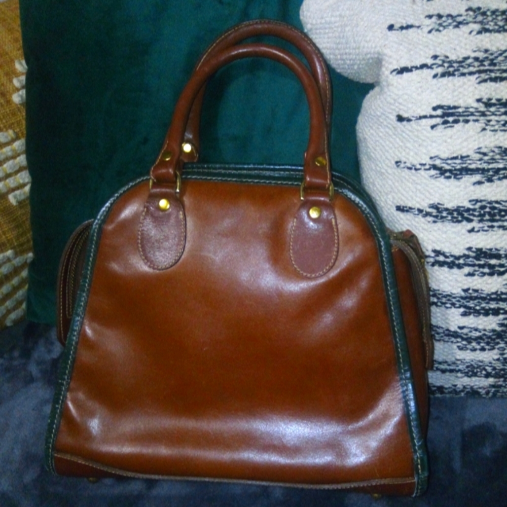Brahmin Mini Bowler Leather Top Handle Satchel in Cognac Brown with Green Trim